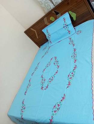 Nice Things Cotton Single Flat 200 TC Embroidered Bedsheet
