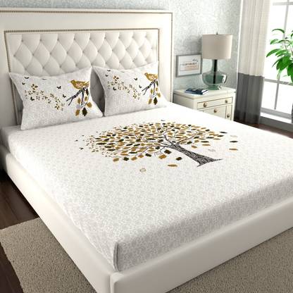 CLOTHOLOGY 144 TC Cotton Double Jaipuri Prints Flat Bedsheet