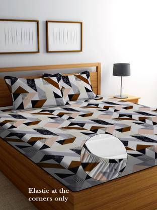 CRAFTS HUB 180 TC Microfiber Double Geometric Fitted (Elastic) Bedsheet