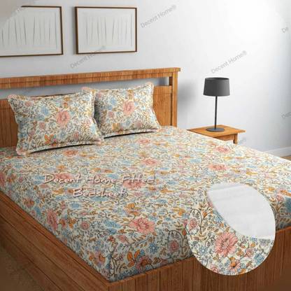 Decent Home Cotton Double Fitted (Elastic) 240 TC Floral Bedsheet