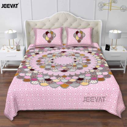 Jeevat 220 TC Cotton Double Jaipuri Prints Flat Bedsheet