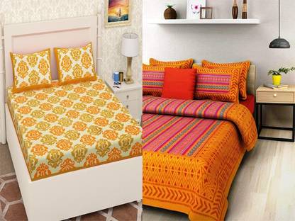 AKS Fashion Hub 150 TC Cotton Queen Jaipuri Prints Flat Bedsheet