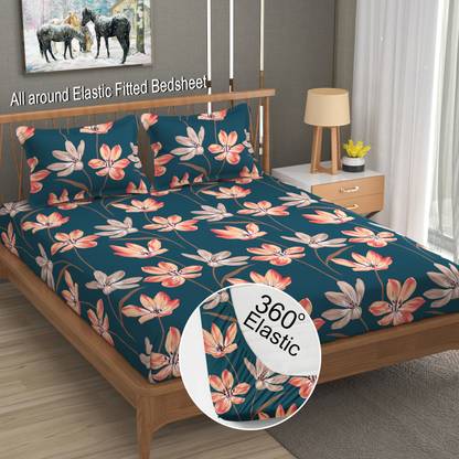 LA VERNE 144 TC Cotton Double Jaipuri Prints Fitted (Elastic) Bedsheet