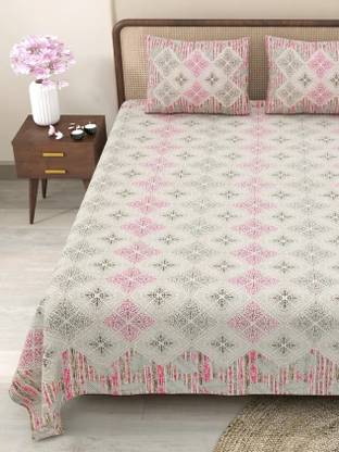 RAJDEVI JAIPUR PRINTS 351 TC Cotton Double, King Printed Fitted & Flat Bedsheet