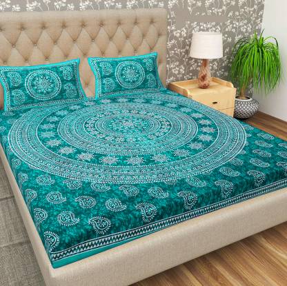 BharatLinen 144 TC Cotton King Jaipuri Prints Flat Bedsheet