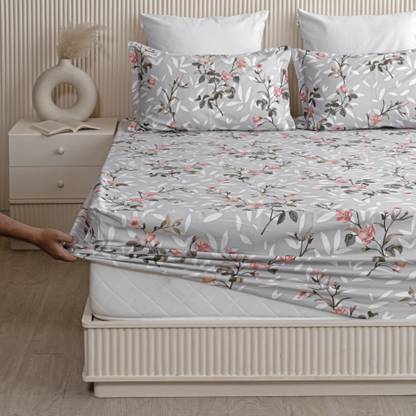 HOMEMONDE 210 TC Cotton Queen Printed Fitted (Elastic) Bedsheet