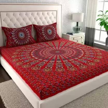 Poorak 104 TC Cotton Double Jaipuri Prints Flat Bedsheet