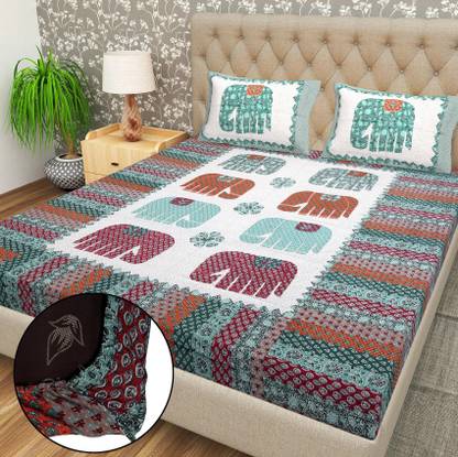 MAGICAL Cotton Double Fitted (Elastic) 104 TC Jaipuri Prints Bedsheet