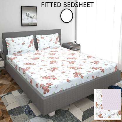 BM Traders 200 TC Cotton King Floral Fitted (Elastic) Bedsheet