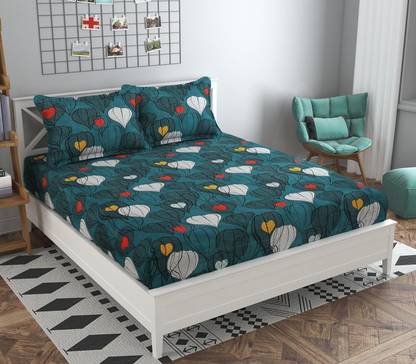 Trendmart 220 TC Cotton Double Floral Fitted (Elastic) Bedsheet