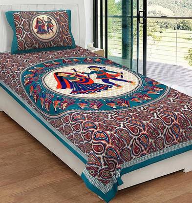 Leo Creation Cotton Single Flat 144 TC Jaipuri Prints Bedsheet