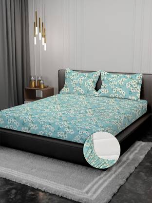 YUTERA Cotton Super King Fitted (Elastic) 310 TC Floral Bedsheet