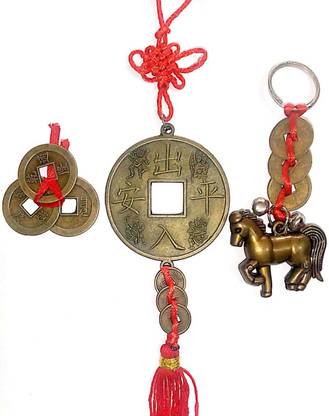 SHREENATHJI Three Good Luck Coin Bell Keychain Bell Pull Ends