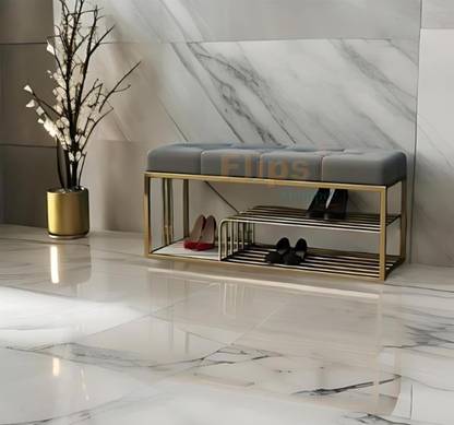 FlipsShoppee 2-Tier Metal Shoe Rack Bench With Cushion Seat And Golden Iron Frame Metal Shoe Rack