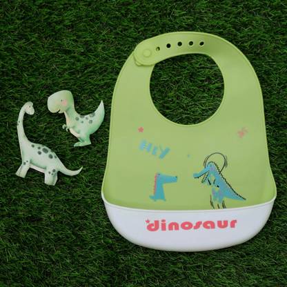 Yellow Bee Silicone Dinosaur Print Bib with Crumb Catcher for Boys, Green and White
