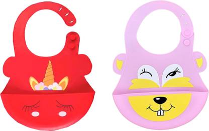 The Little Lookers Silicone Feeding Bib with Adjustable Strap, Waterproof, Easy to wash, Stain Proof | BPA Free/Soft Material Bibs with Tray/Food Catcher (Red & Pink, Pack of 2)