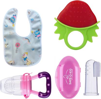 Goyoku Baby Silicone Teether BPA Free With Bib And Tooth Finger Brush Fruit Nibbler