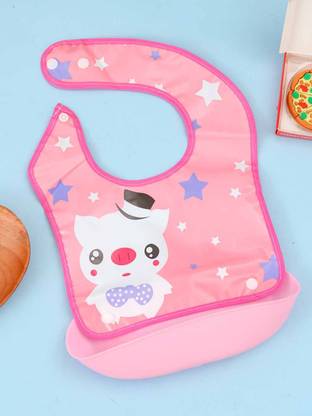 Yellow Bee Starry Kitty Baby Bib – Waterproof Pink Bib with Adorable Cat & Food Catcher
