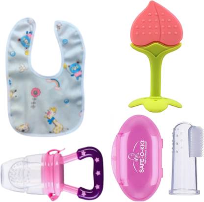 Goyoku Baby Silicone Teether BPA Free With Bib And Tooth Finger Brush Fruit Nibbler