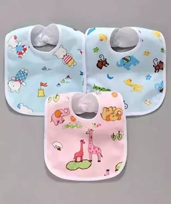 DECRONICS Newborn Baby Soft Feeding Bibs/Apron 3 pcs Cute Multi Print|With Tich Button