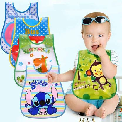 Bouchic Baby Plastic Apron Bibs 4Pcs | Waterproof,Quick Dry/ Multi-Design | 6-24 Months