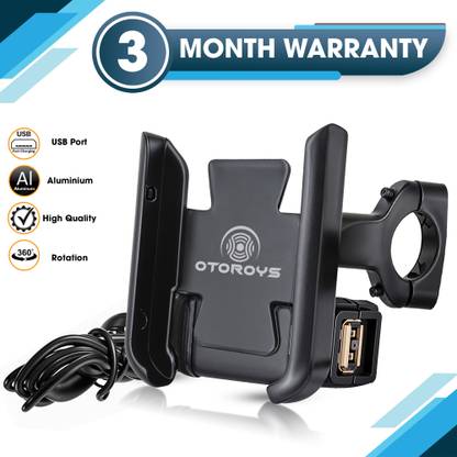 Otoroys Universal Bike Mount Holder Metal Body 360 Degree Rotating Handlebar Metal Body Cradle Stand for Bicycle, Motorcycle, Scooty Fits All Smartphones (CNC Metal Holder with USB Charger) Bike Mobile Holder