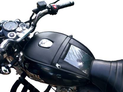 TRENDZ REXINE WORK TANK COVER (BLACK) WITH MOBILE P0UCH Gas Cap Ring-lock Royal Enfield Classic 350, Electra Delux, Classic 500, Classic Desert Storm, Classic, Electra Bike Tank Cover