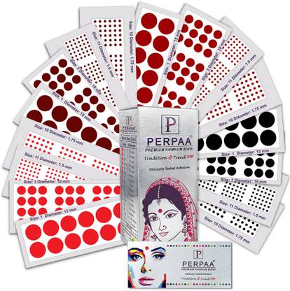 Perpaa Premium Velvet Sticker Kumkum Bindi Box of 16 Flaps Different Size & Color Bindi for Women,Ladies (Size -10-1.75mm, 11-1.5mm, 01-15m, 03-10mm) Multicolor Bindis