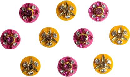 Comet Busters Round Yellow and Pink Bindi With Stone Crystals (9 mm) (BV369) Forehead Multicolor Bindis
