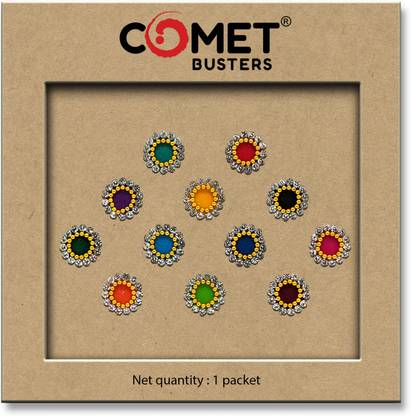 Comet Busters Multicolor Round Velvet Bindi With Silver Stone Border (8mm) (BIN1646) Forehead Multicolor Bindis