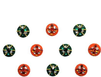 Comet Busters Round Orange and Green Bindi With Stone Crystals (9 mm) (BV368) Forehead Multicolor Bindis