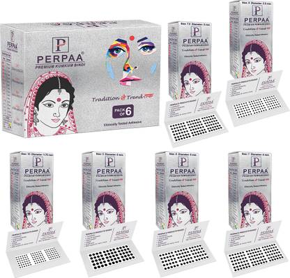 Perpaa Black Round Bindi for Women Wholesale Pack of 6 Box 15 Flaps Each - for Women ,Ladies, Girls (Different Size) Forhead bindi Black Bindis