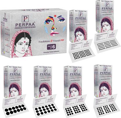 Perpaa Black Round Bindi for Women Wholesale Pack of 6 Box 15 Flaps Each - for Women ,Ladies, Girls (Different Size) Forhead bindi Black Bindis