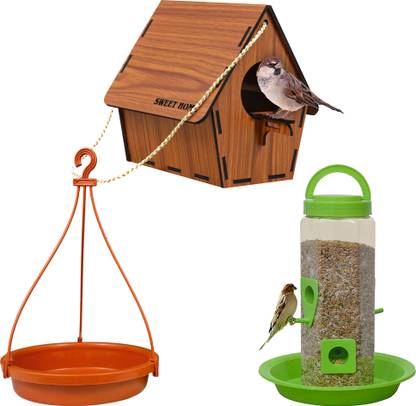 GENIYO Wooden Bird Nest Bird Seed Container And Water Feeder For Sparrow, Hummingbird Window Bird Feeder Bird Feeder