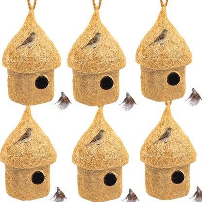 LIVEONCE NATURAL HUT SHAPE BIRD HOUSE FOR ALL BIRDS PACK OF 6 Bird House