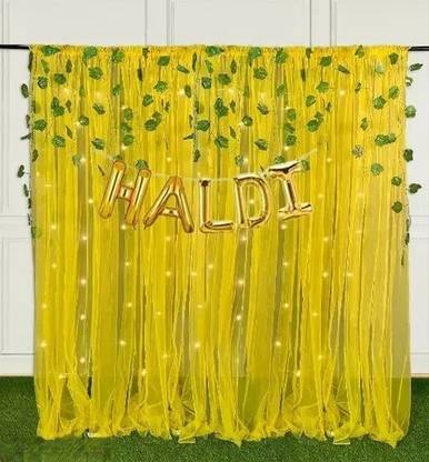 Fun and Flex YELLOW NET BACKDROP HALDI DECORATION KIT With Artificial Leaves and Led Light