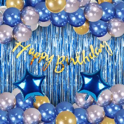 shribalaji Solid Happy Birthday Cursive Banner with 2 Curtain, 30 Metallic Balloons, 2 Star Combo Balloon