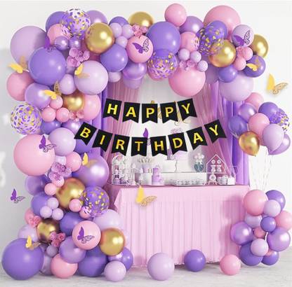 Prihit Stunning Purple Pink Gold balloons each 10 with 10 Confetti balloons and banner