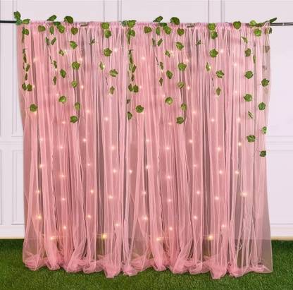 FLIPZONE Pink Net Curtains Backdrop Decoration with Led Lights and Green Leaf Vines
