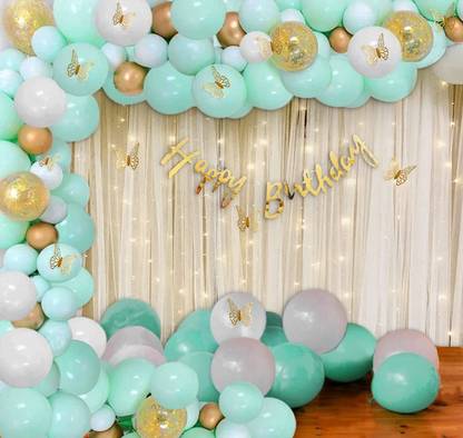 Fun and Flex Mint Green Butterfly Theme Decoration Kit With White net Curtain and Led Light