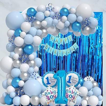 groovy dudz First Birthday Party Decoration Set, Blue and Silver Balloon Garland, Birthday