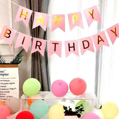 Pixelfox Happy Birthday Banner (Pink) + 30 Candy Balloons For Birthday Party Decoration Items/Kit (SKU-Balcom-142-30-Candy-1)
