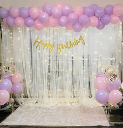 टीटिम्मो4 Purple and Pink Birthday Decoration Kit Combo with Net Curtain and light.