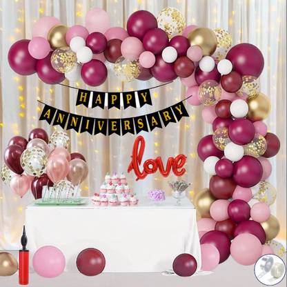 ANILOONS Florid Anniversary Decoration Kit -Burgundy White & Pink Pastel For Celebration