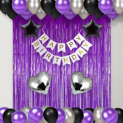 1iAM Birthday decoration combo with Black-Silver-Purple balloons and White banner