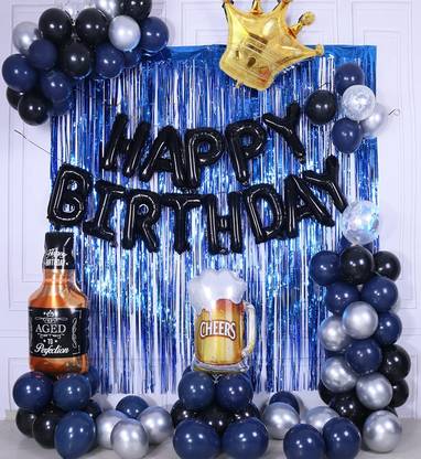 Bash N Splash Black & Blue Birthday Party Decoration for Men Bday Decor with Curtain & Crown