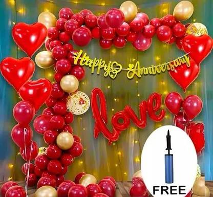 tigorik Happy anniversary Cursive Red Heart Love Red Foil 30 balloon Gold Red Led Light