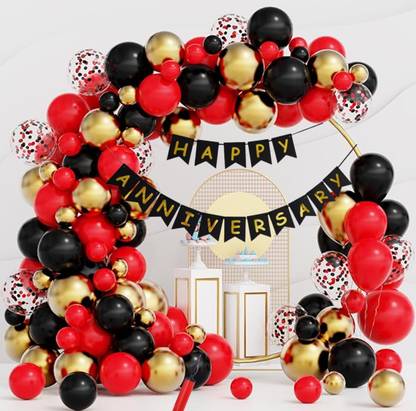 Prihit Fantastic Happy Anniversary 10 Confetti Balloons with Red Gold Black 14 Each