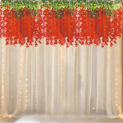 Fun and Flex Haldi Mehendi Decoration Kit Red Wisteria Flowers with White net and Led Light