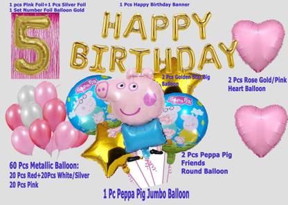 Magic Window Peppa Pig GI 60 Pc Birthday Decoration Kit Gold No.5 Foil Balloon Boys Girls